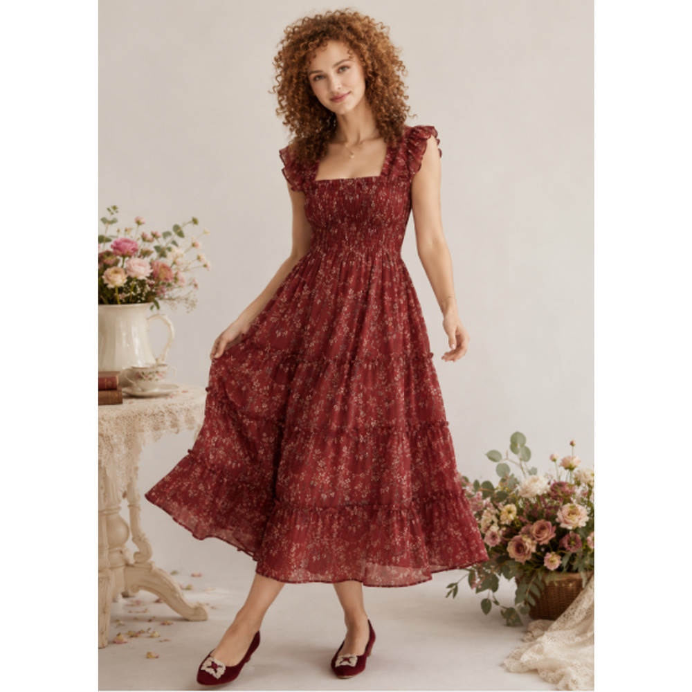 Hill House Ellie Nap Dress Floral Smocked Tiered Midi Dress Sz L Burgundy Boho